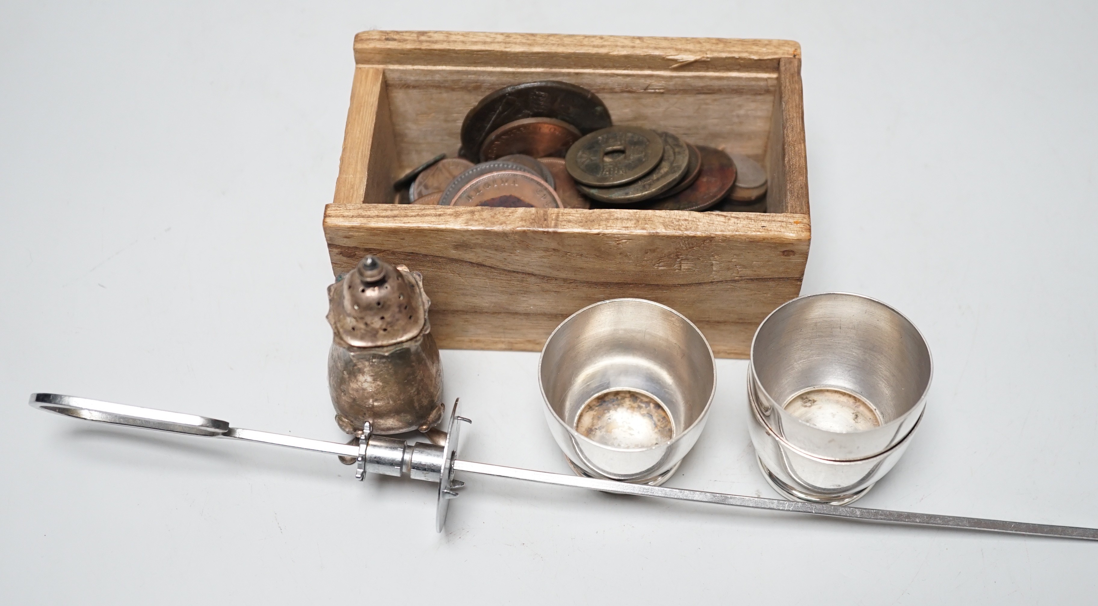 Assorted coins and silver plated wares, including Chinese Qing and Japanese coinage
